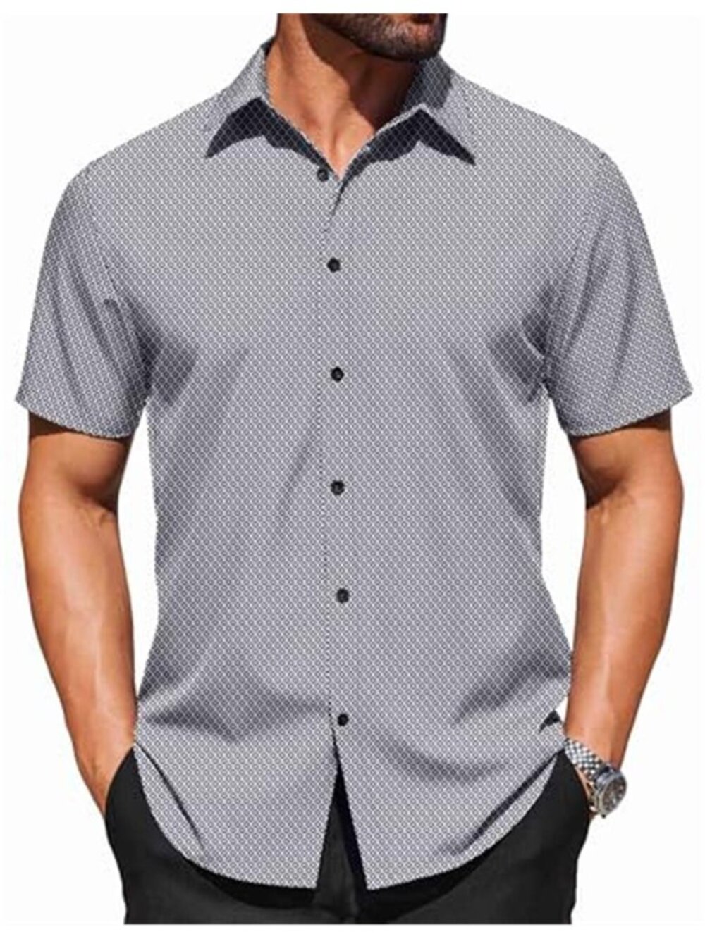 Mens wrinkle free dress shirt short sleeve black textured button down stretch
